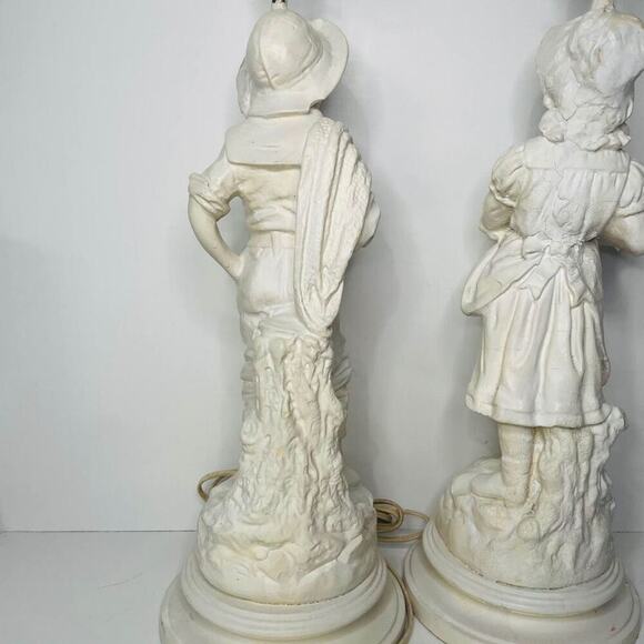 VINTAGE PAIR LARGE TABLE LAMPS CHALKWARE FIGURE WOMAN AND MAN - Picture 7 of 7